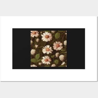 Vintage Daisy Pattern in Ivory and Olive Green Posters and Art